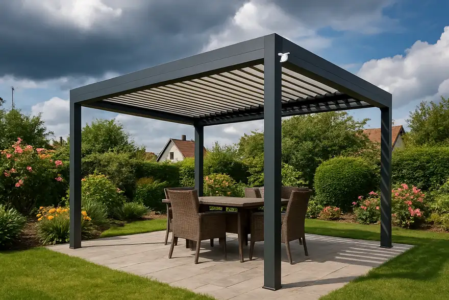 Capteur météo pluie et vent fixé sur une pergola bioclimatique aluminium en Alsace
