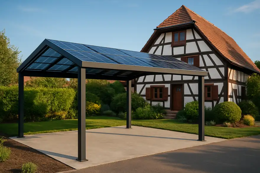 Carport aluminium anthracite avec panneaux solaires intégrés en toiture en Alsace