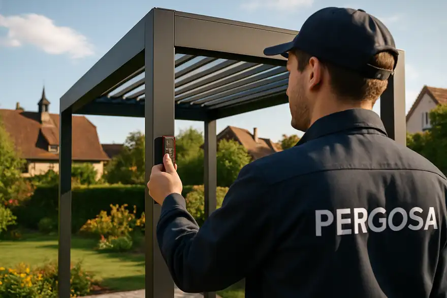 Technicien PERGOSA, installateur de pergola aluminium, en visite technique dans un jardin alsacien