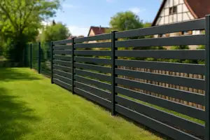 Clôture aluminium anthracite à lames horizontales devant une maison à colombages alsacienne