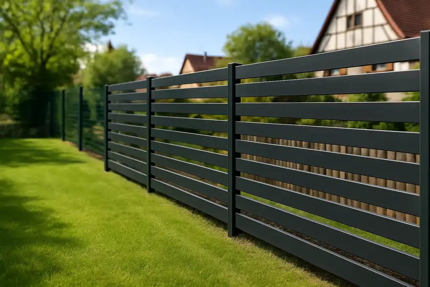 Clôture aluminium anthracite à lames horizontales devant une maison à colombages alsacienne