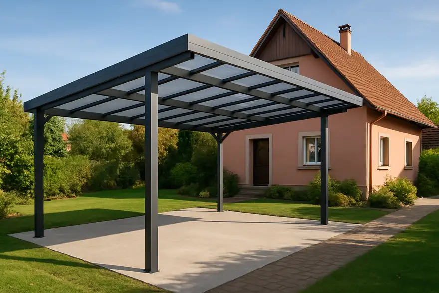 Carport aluminium anthracite avec toiture polycarbonate entretenue devant une maison alsacienne