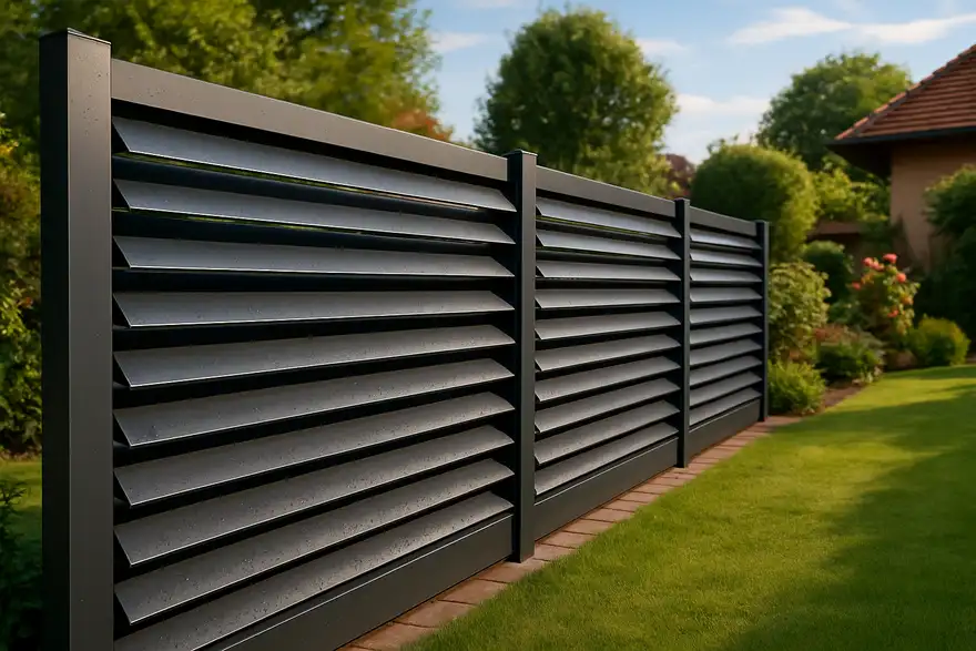 Clôture aluminium anthracite entretenue dans un jardin résidentiel alsacien, lumière naturelle