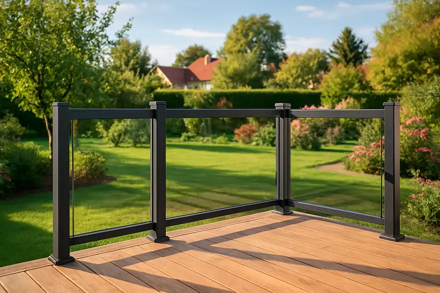 Garde-corps aluminium anthracite à remplissage vitré entretenu sur une terrasse alsacienne