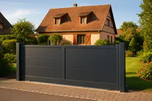 Portail aluminium coulissant motorisé avec rail et moteur visible en Alsace