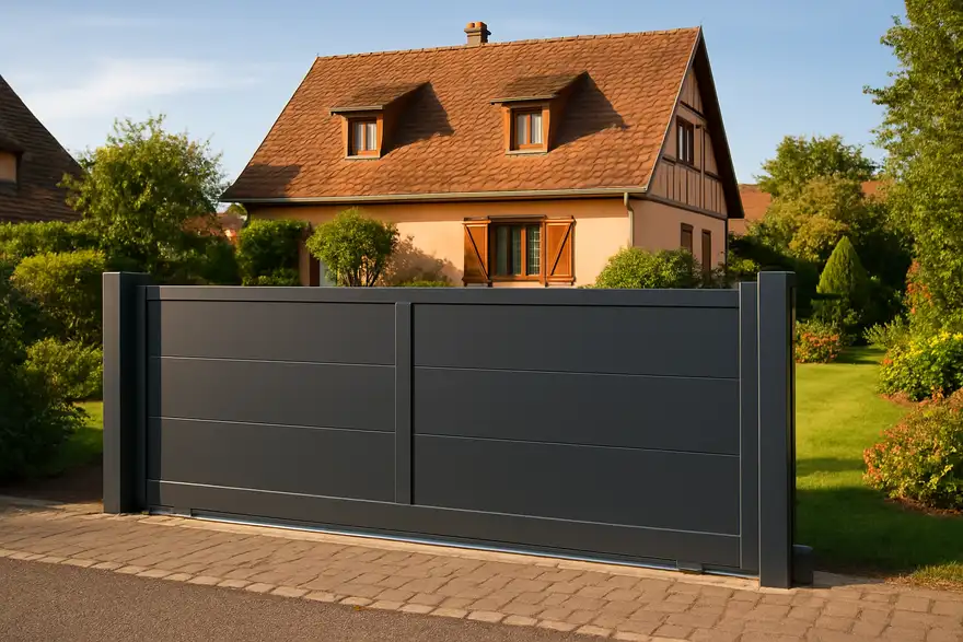Portail aluminium coulissant motorisé avec rail et moteur visible en Alsace