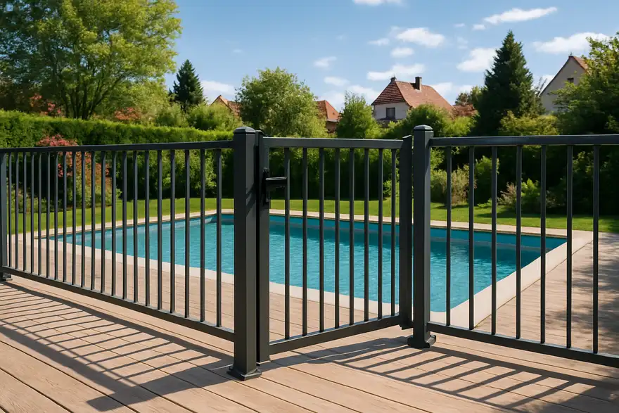 Garde-corps piscine en aluminium anthracite conforme autour d'un bassin alsacien
