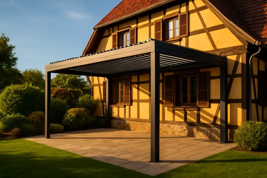 Pergola adossée installée sur maison alsacienne par PERGOSA