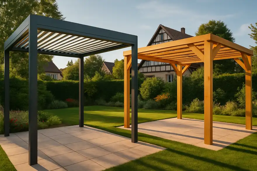 Pergola en aluminium anthracite et pergola en bois côte à côte dans un jardin alsacien