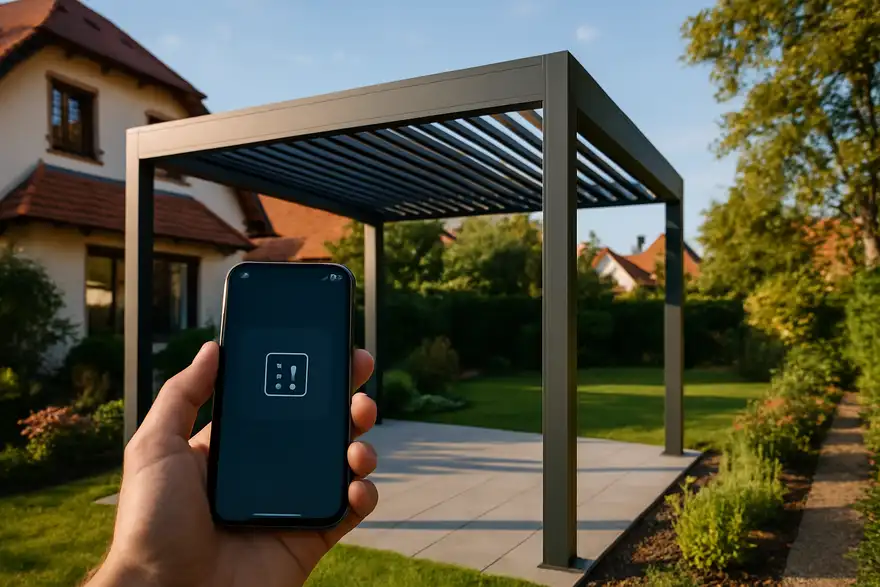 Pergola bioclimatique aluminium anthracite avec motorisation connectée dans un jardin alsacien