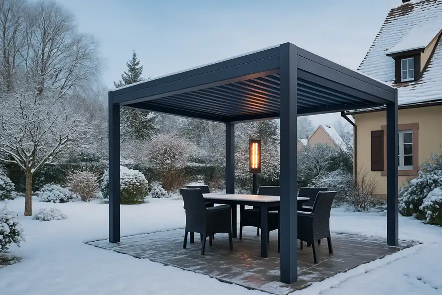 Pergola bioclimatique aluminium anthracite avec lames fermées sous la neige en hiver alsacien