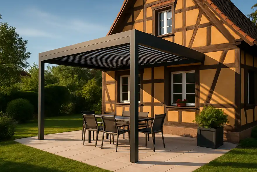 Pergola sur mesure aluminium adossée à une maison alsacienne à colombages