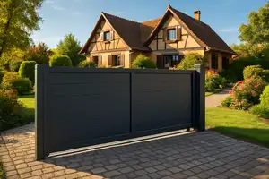 Portail aluminium coulissant anthracite motorisé devant une maison alsacienne
