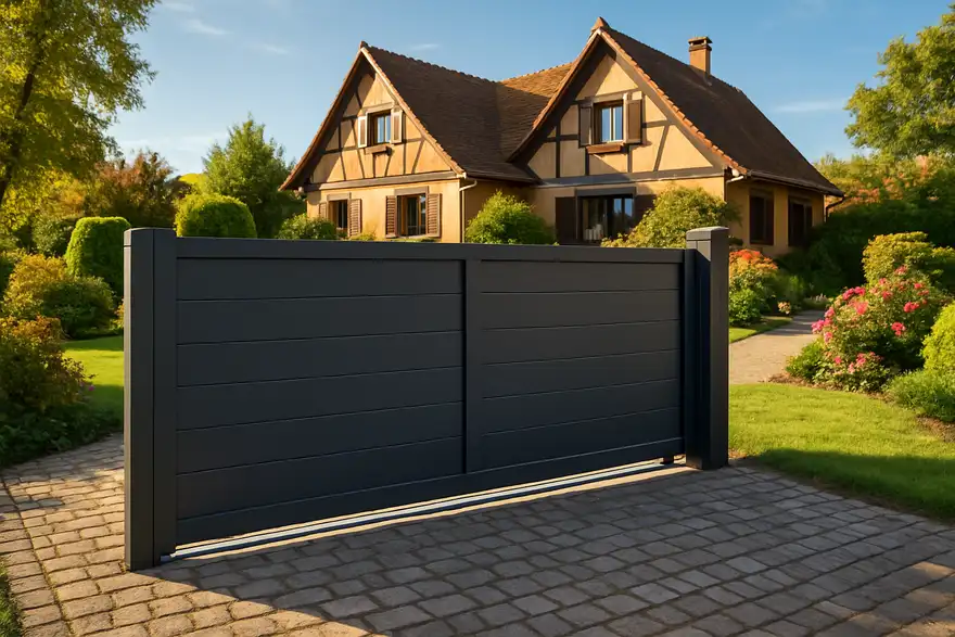 Portail aluminium coulissant anthracite motorisé devant une maison alsacienne