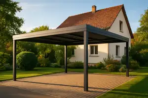 Carport aluminium double anthracite sur mesure devant une maison individuelle alsacienne