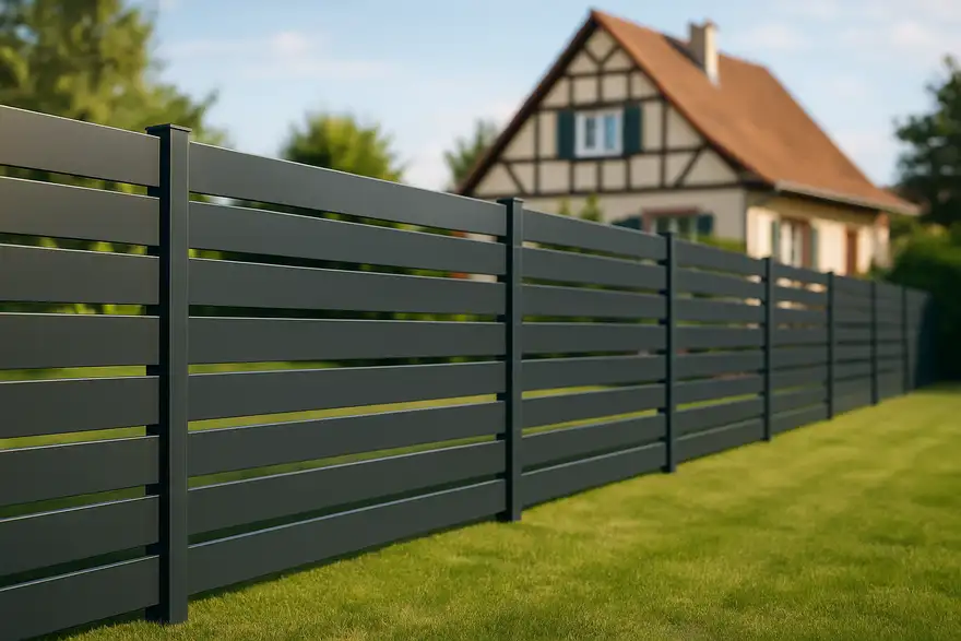 Clôture aluminium anthracite sur mesure délimitant un jardin résidentiel en Alsace