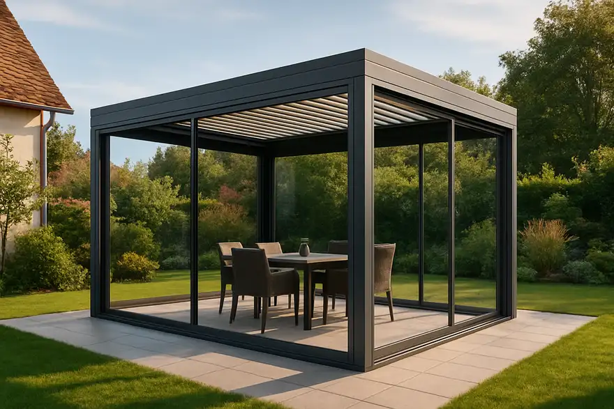 Pergola bioclimatique aluminium avec vitrage coulissant fermé sur terrasse alsacienne